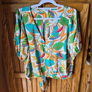 Rose + Olive Tropical print blouse, size L, EUC